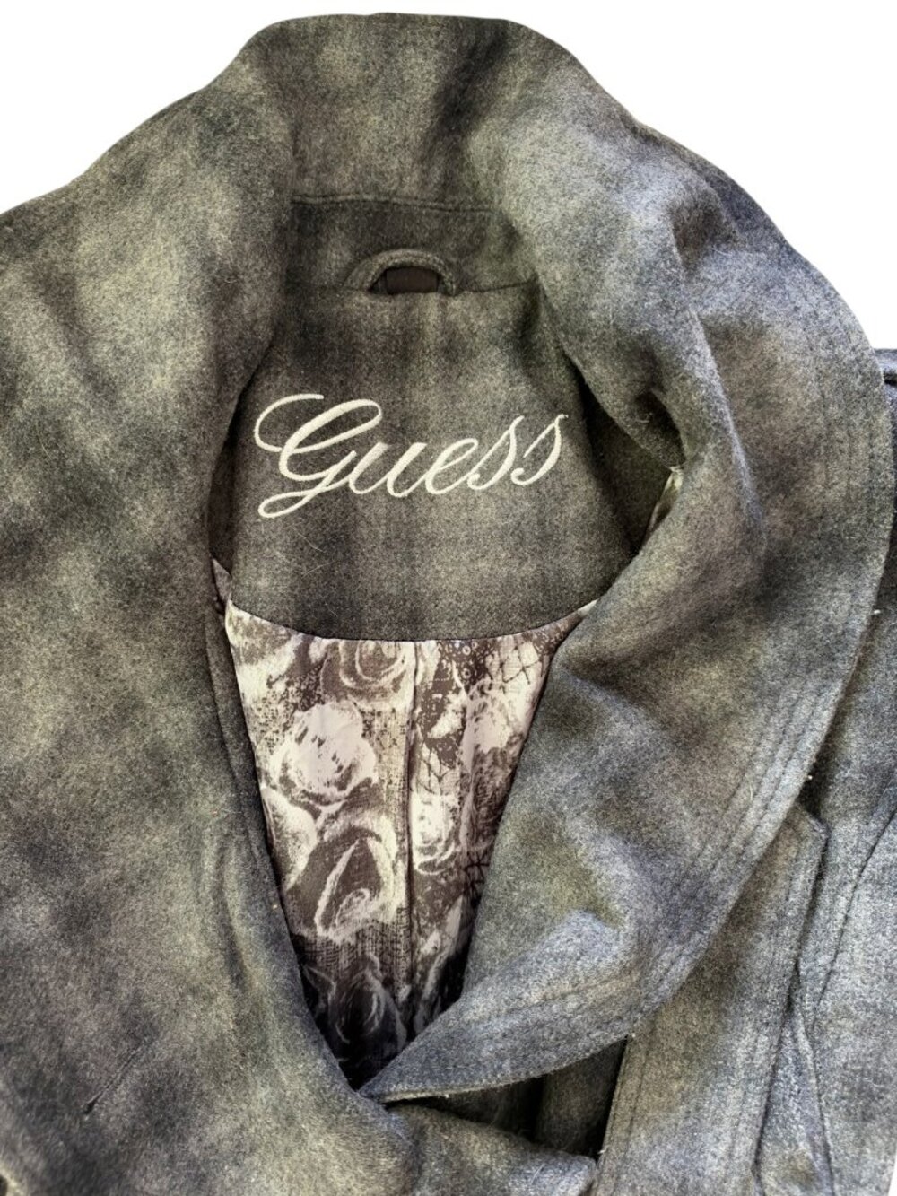 GUESS Wool Blend Belted Coat Grey Plaid Wide Collar Wrap Front Trench Details Si - Picture 6 of 6